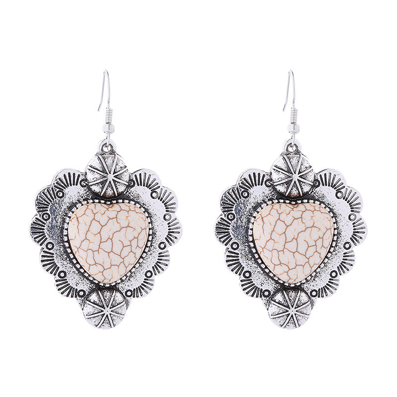 Wholesale Vintage alloy plated antique silver inlaid turquoise heart earrings